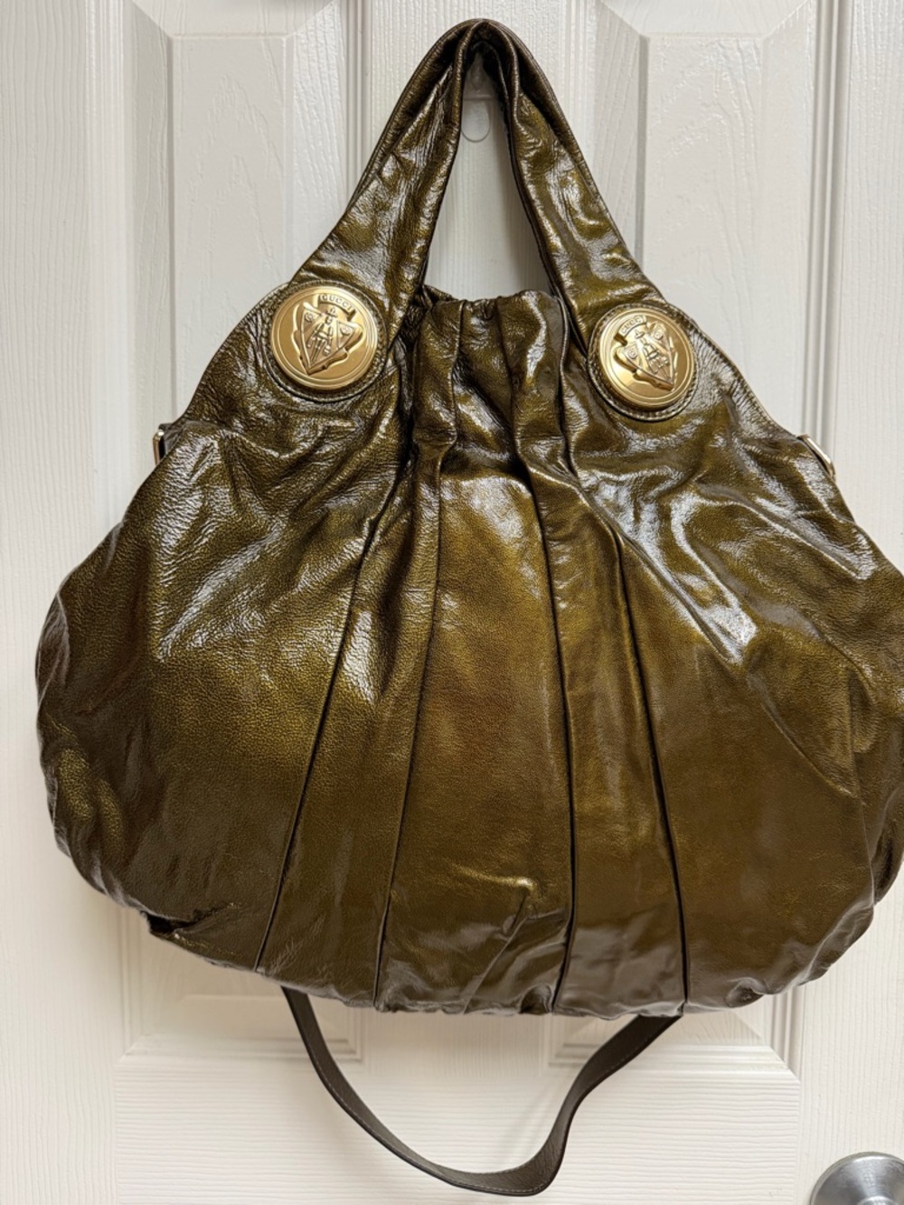 Gucci Olive Green Patent Leather Shoulder Hobo with Gold Emblems